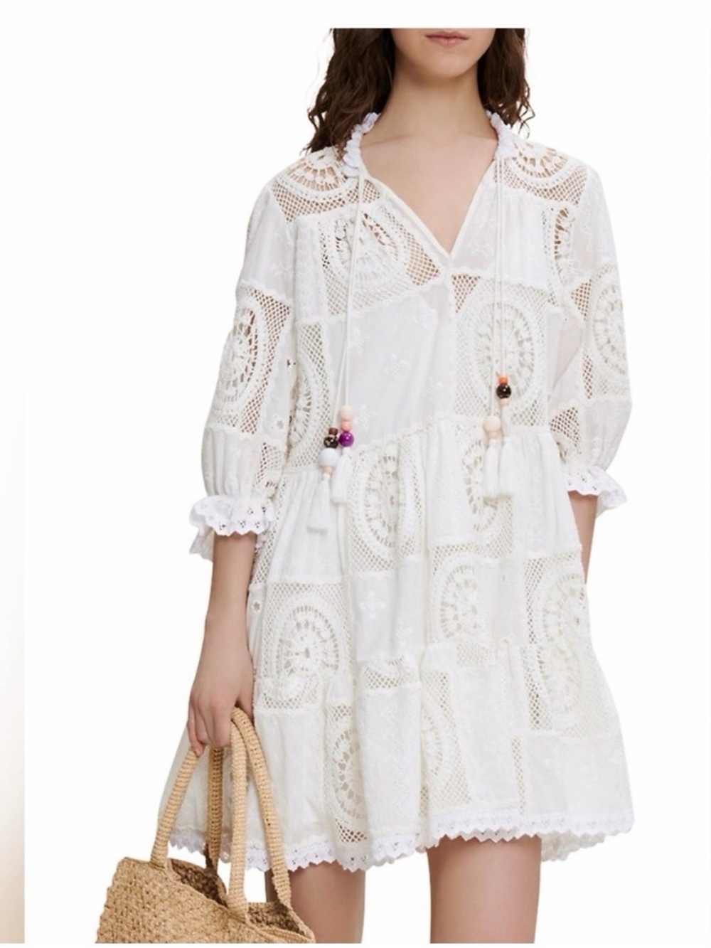 Maje White Crochet Lace Tiered Mini Dress